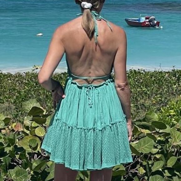 Free People Women's Large Mint Green Mini Dress‎ Halter Ruffle Sleeveless - Picture 6 of 6